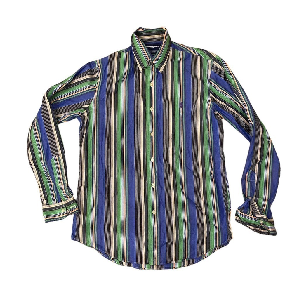 Ralph Lauren Golf Green Purple Shirt 100% Cotton Custom Fit Striped Medium